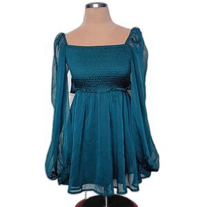 Lucy in the Sky Green Fairycore Dress Minidress Sheer Puff Sleeves Bow Back S